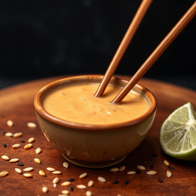 Creamy peanut dipping sauce with lime and sesame