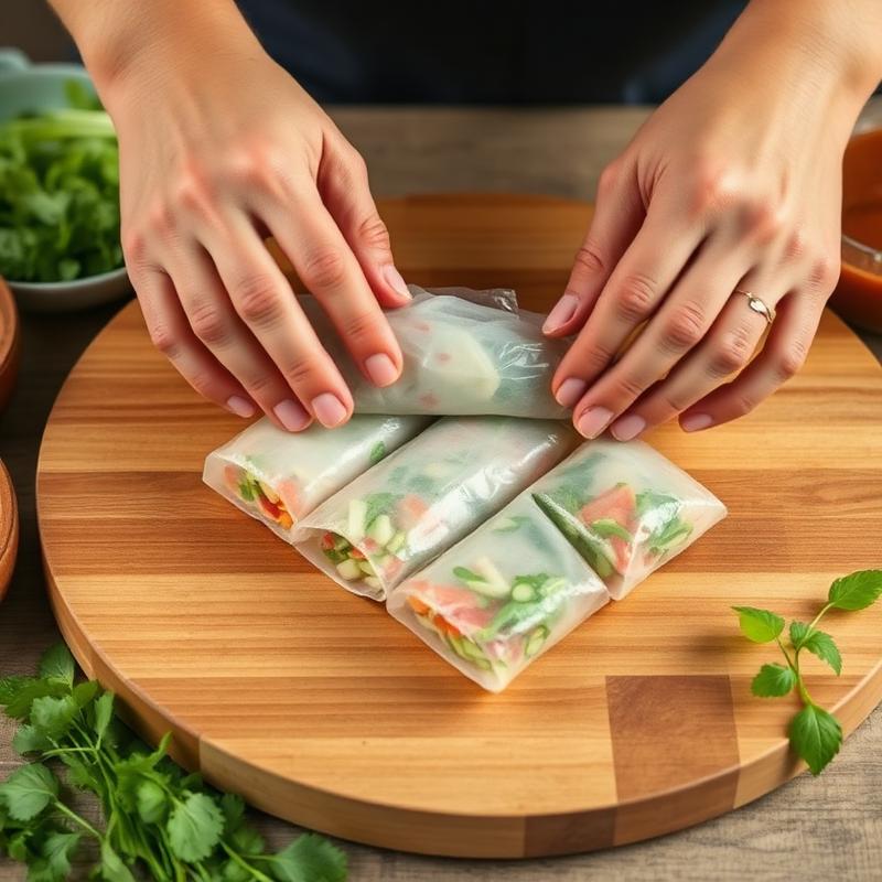 Hands rolling rice paper spring rolls
